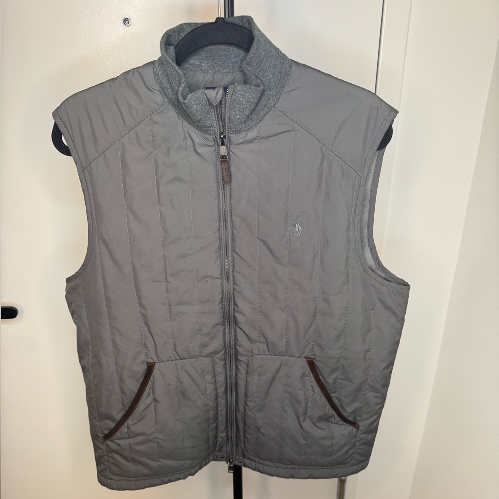 Ralph Lauren Polo Golf Grey Vest w/ Brown Leather Trim - Size Medium